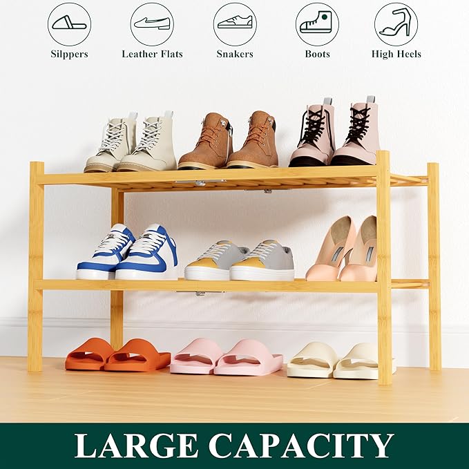 Smiry Shoe Rack, 2 Tier Thick Bamboo Shoe Organizer, Stackable Free Standing - Image 6