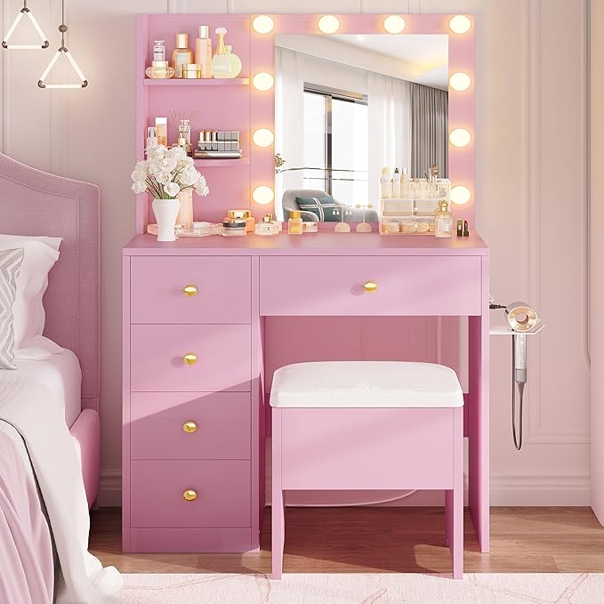 IRONCK Vanity Desk with Mirror and Lights, Small Makeup Vanity Table with 5 - Image 3