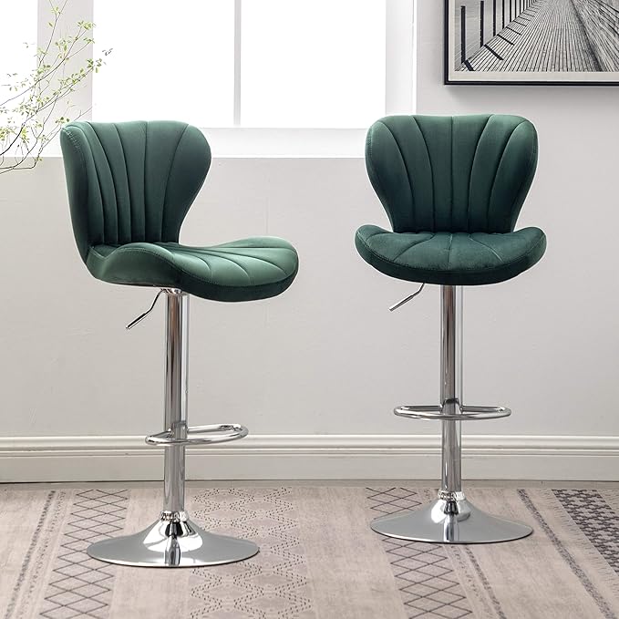Roundhill Furniture Ellston Velvet Adjustable Swivel Barstools in Green - Image 3