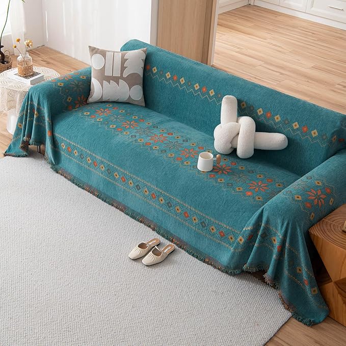 STACYPIK Green Jacquard Couch Cover Chenille Boho Sofa Covers - Image 3