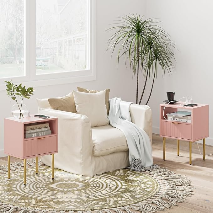 Masupu Nightstand with Charging Station, Mid-Century Modern Bedside Table with - Image 6