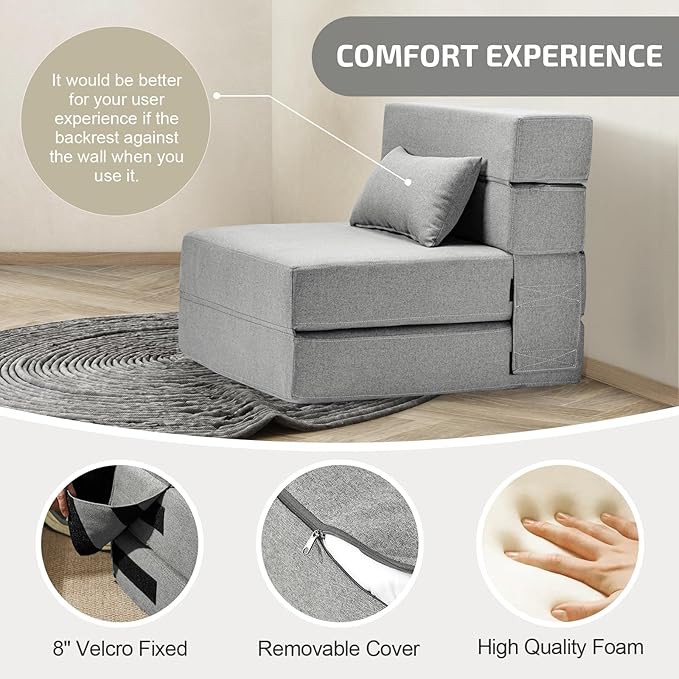 Folding Sofa Bed with Pillow- Convertible Chair Floor Couch & Sleeping Mattress - Image 4