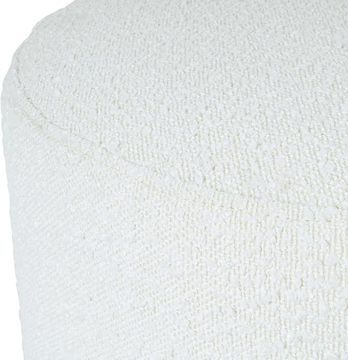 Bouclé Ottoman with Wooden Base – 22” Round Upholstered Footrest, Cream - Image 6