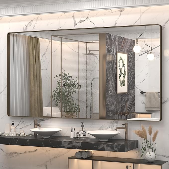 66x36 Inch Bronze Bathroom Mirror, Brushed Bronze Metal Frame Mirrors by CHARMOR