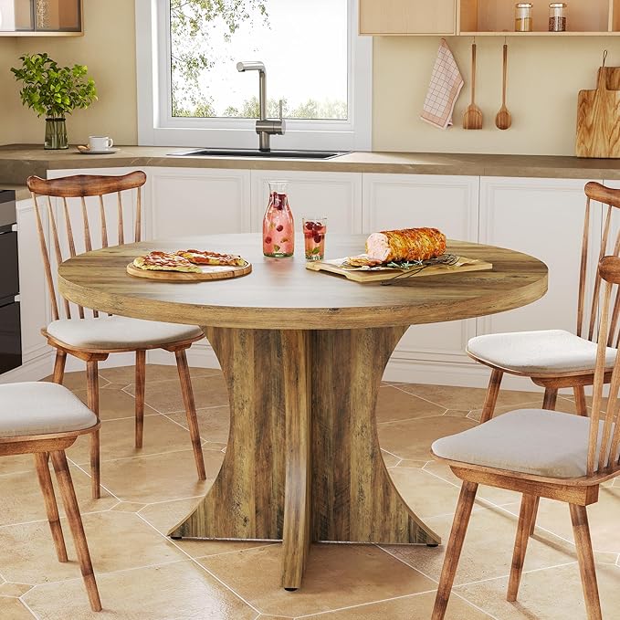 LITTLE TREE Round Dining Table for 4-6, 47.24 Inches Farmhouse Wooden Kitchen - Image 2