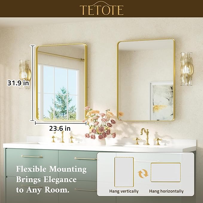 TETOTE Brushed Gold Bathroom Mirror 24 x 32 Gold Metal Framed Bathroom Mirror - Image 7