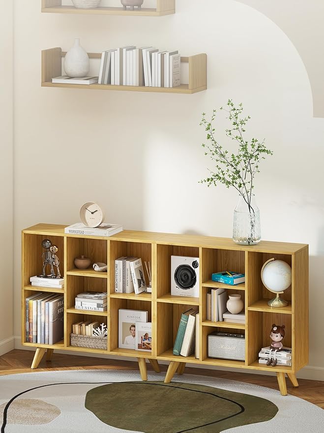 Manora Bookshelf with 7 Open Storage Cubes, Wooden Bookcase Organizer, Rustic - Image 2
