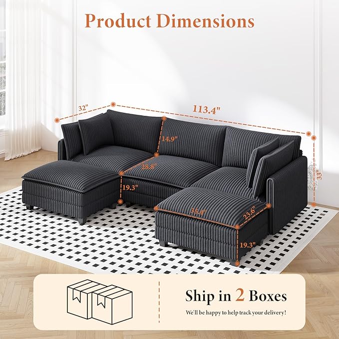 Vesgantti 109" U Shaped Cloud Sectional Sofa, Comfy Corduroy Upholstered - Image 2