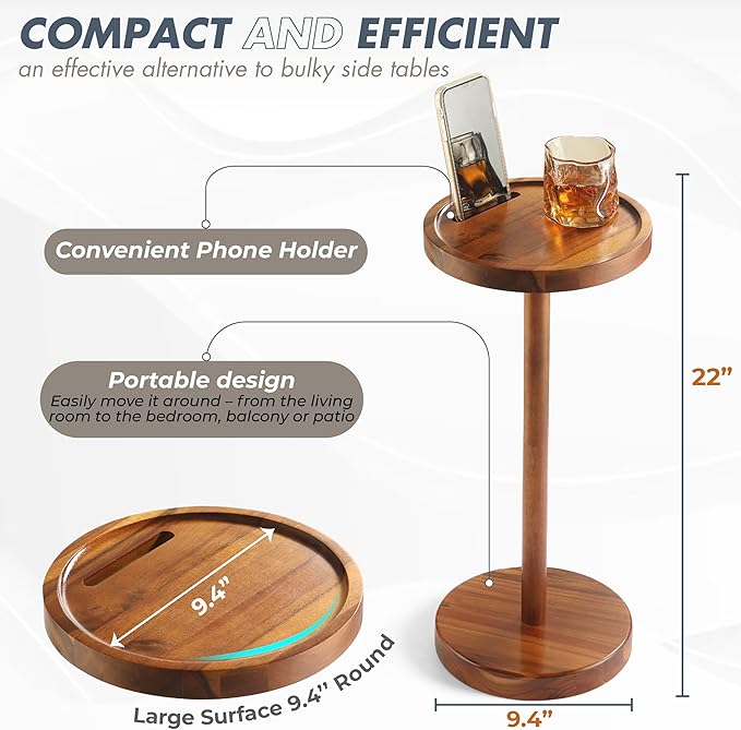 Pedestal Side Table, Acacia Drink Table - Image 2