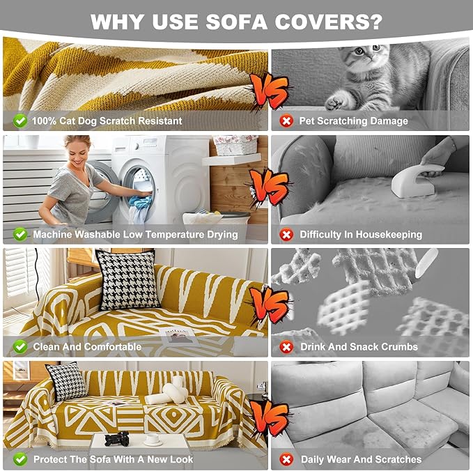 STACYPIK Boho Ginger Yellow Couch Cover, Reversible Sofa Cover L Shaped - Image 4
