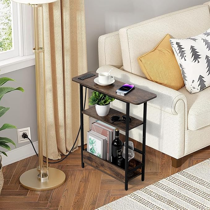 Narrow Side Table with USB-C Charging Station, 3-Tier Slim End Table with - Image 2