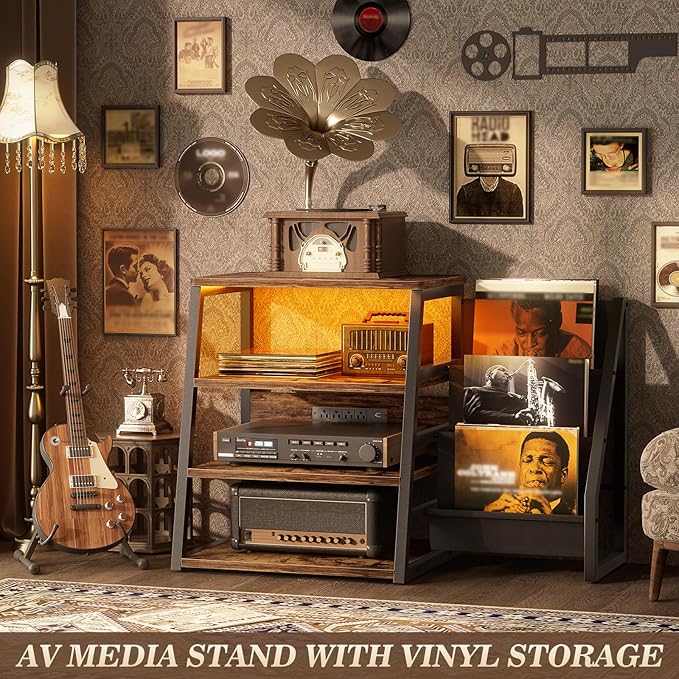 AV Media Stand with Outlets, Stereo Stands and Racks with Vinyl Storage - Image 8