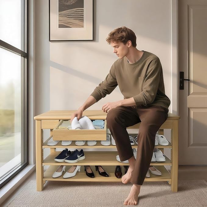 Wood Shoe Bench Entryway with Drawer: 3-Tiers Wooden Storage Shoe Rack with - Image 3