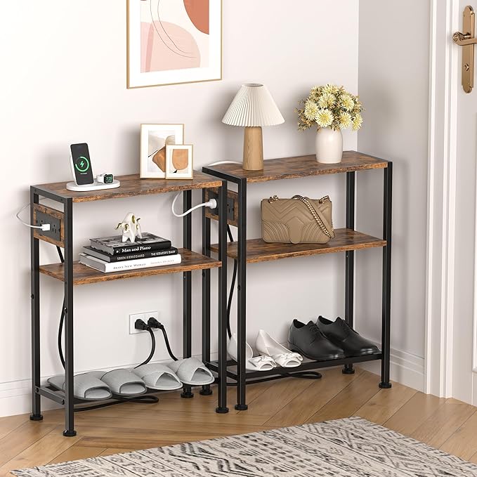 Small Narrow Side Table with Charging Station, Skinny End Table - Image 4