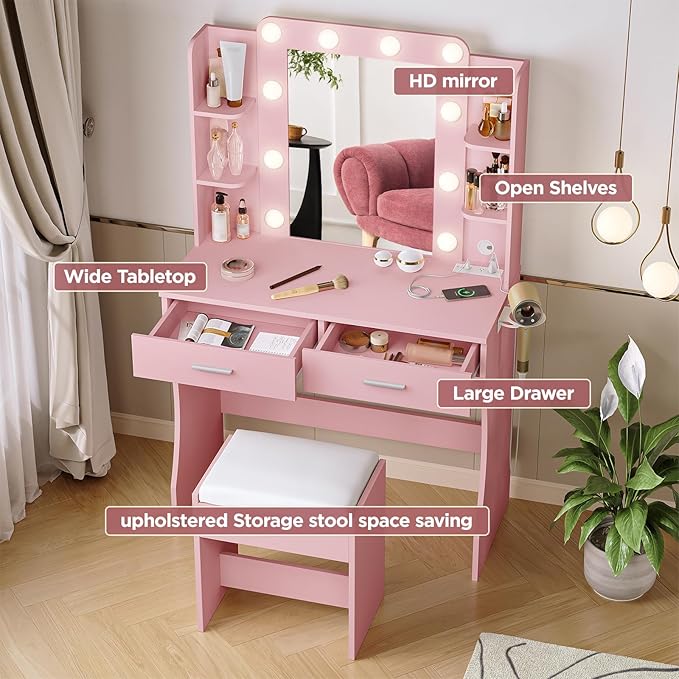Vabches Vanity Desk with Lights, Makeup Vanity with Power Strip, Dressing Table - Image 7