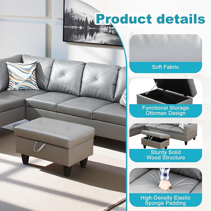 L Shaped Couch Faux Leather Sectional Couch Upholstered 3 Pieces Sofas - Image 5