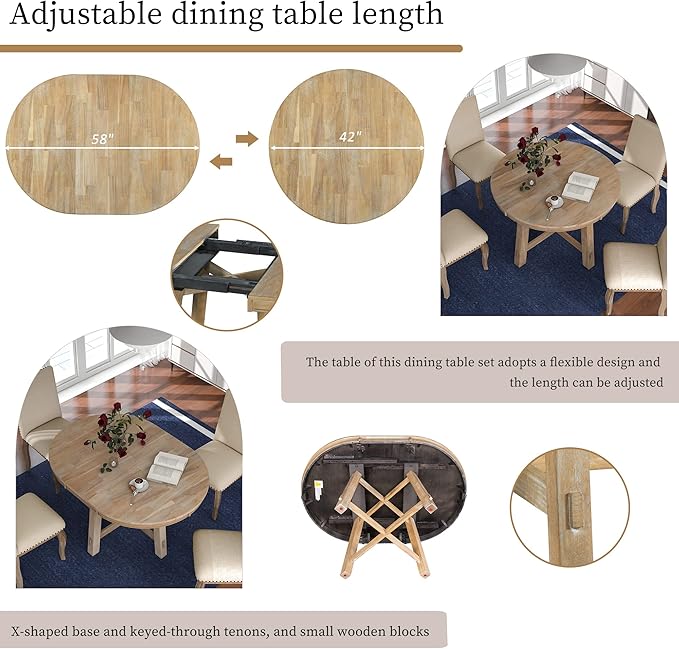 Merax 5-Piece Farmhouse Dining Furniture Set, Wooden Round Extendable Table - Image 3