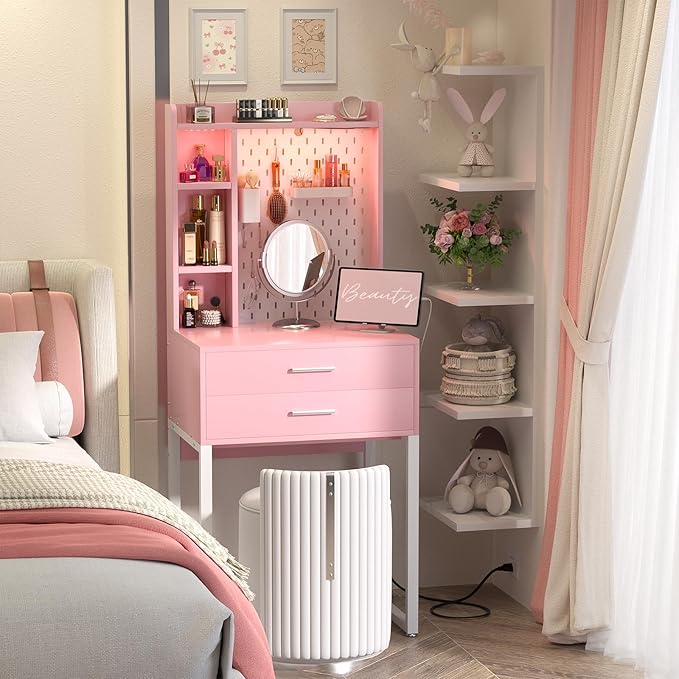 Small Vanity Desk with Hutch and Drawers, Vanity Table Dressing Table with LED - Image 2
