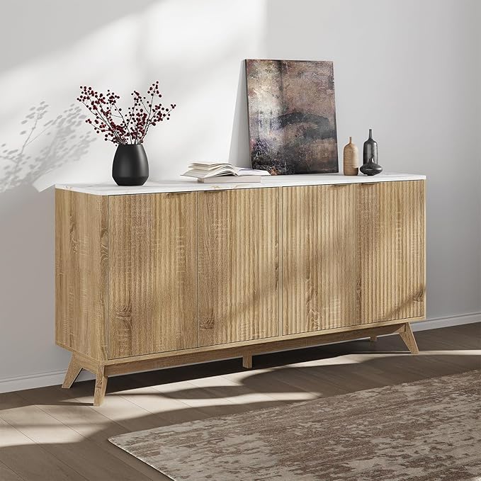 Buffet Cabinet with Storage, Fluted Multifunctional Storage Cabinet with 4 Doors - Image 8