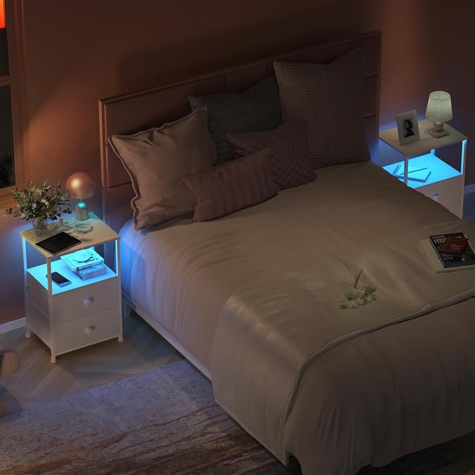 Tohomeor Nightstand with Charging Station LED Light End Table Bedroom Bed Side - Image 3