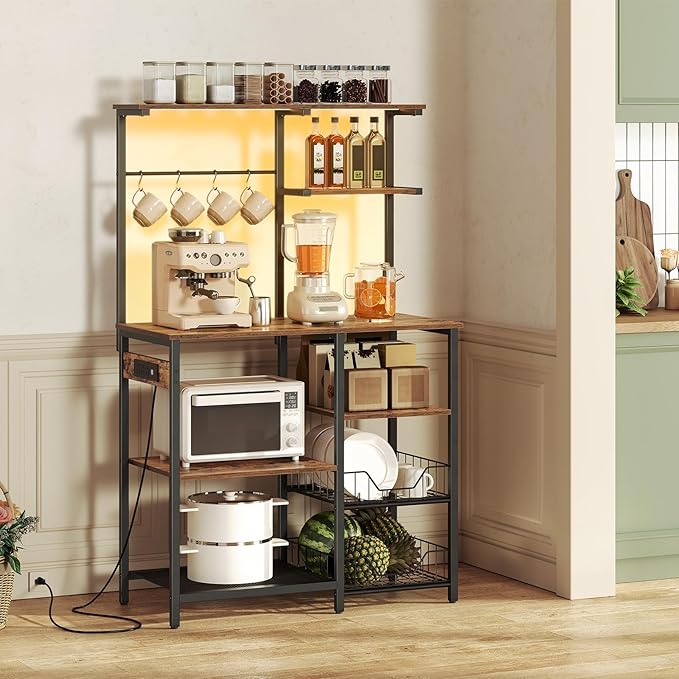 HOOBRO Bakers Rack with Power Outlet and LED Light, 6-Tier Microwave Stand with - Image 2