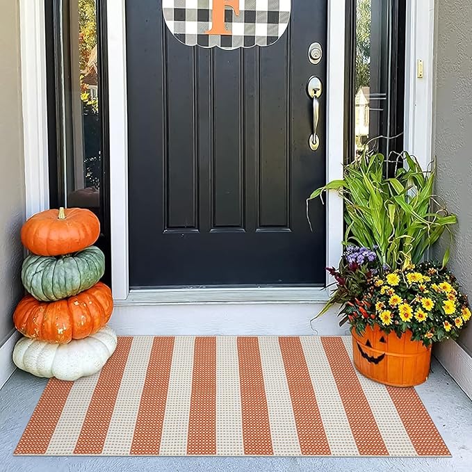 OJIA Fall Front Door Rug 24"x51" Halloween Doormat Striped Rug Cotton Woven by OJIA