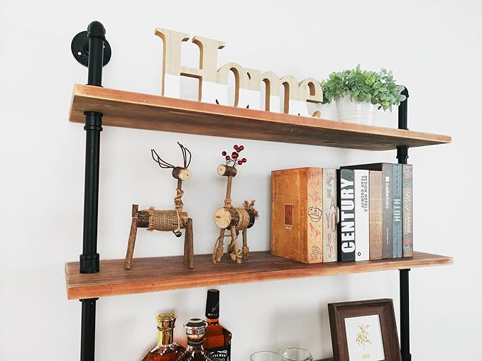5 Tier Industrial Ladder Shelf Bookcase, Wall Mounted Wood Metal Pipe Rustic - Image 5