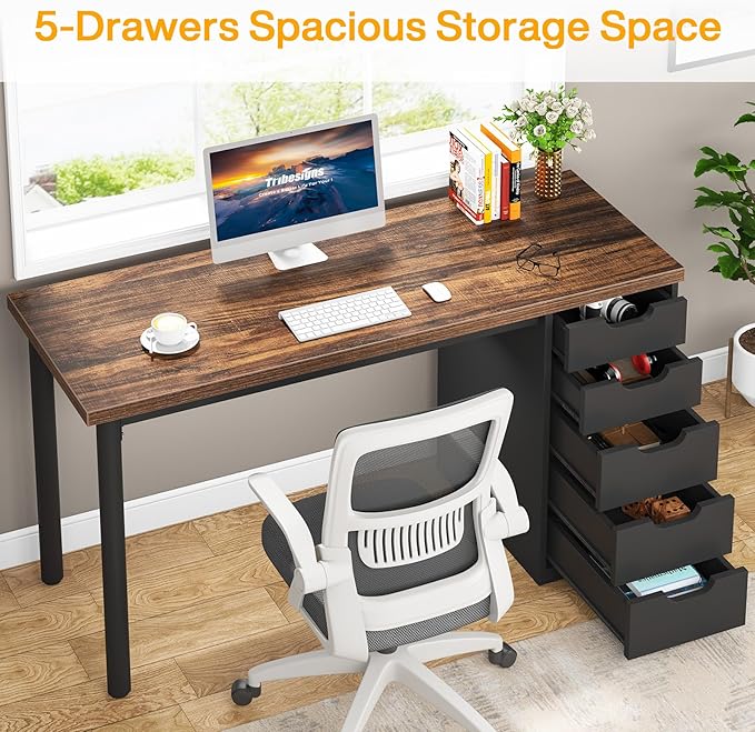 Tribesigns Computer Desk with 5 Drawers, 47 inches Rustic Brown Home Office - Image 4
