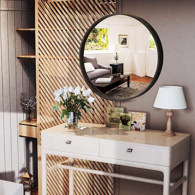 HOMECOOKIN Wood Round Wall Mirror, Large Circle Rustic Accent Decor Mirror - Image 3