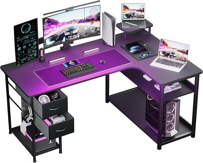 GTPLAYER L Shaped Desk with Drawers, Carbon Fiber Style Computer Desk with by GtracingDirect