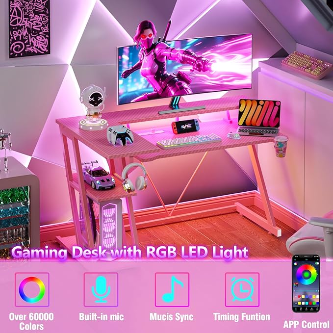 47 Inch Pink Gaming Desk with Power Outlet & LED Lights, Corner Computer Desk - Image 4