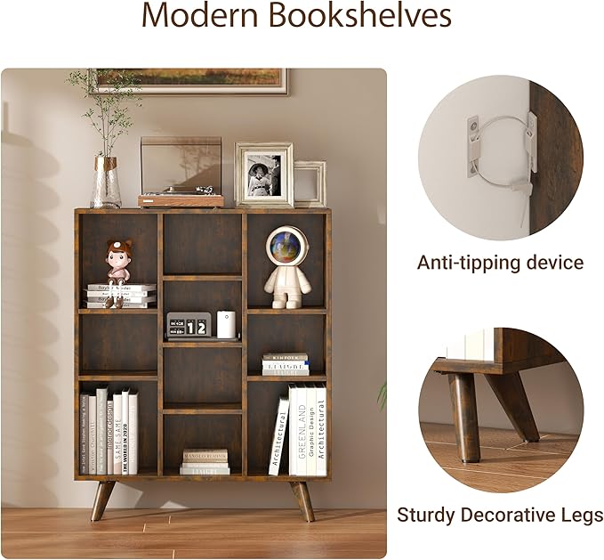 Manora Rustic Brown 10 Cube Mid Century Modern Bookshelf, Wooden Storage - Image 4