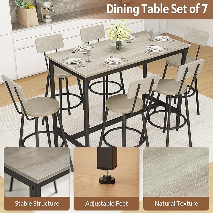 Rovibek Dining Table Set for 6, Bar Table and Chairs Set, Modern 6 Piece High - Image 4