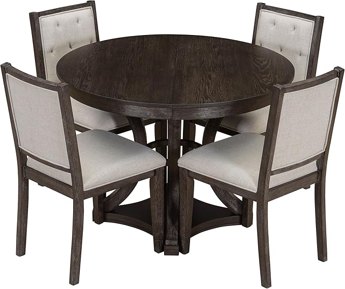 Merax 5-Piece Extendable Round Dining Table Set 42"-58" Retro Functional Table - Image 3