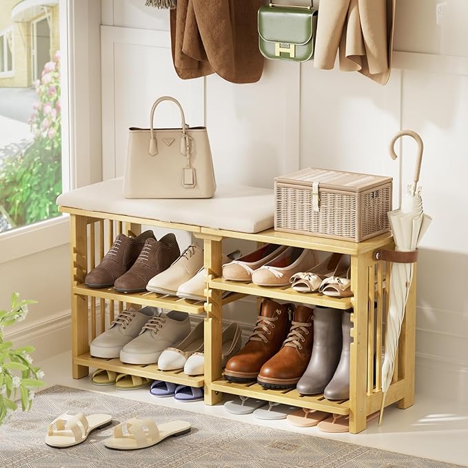 Amazer Bamboo Shoe Rack Bench, 3-Tier Shoe Bench Height Adjustable, Entry Bench by Amazer