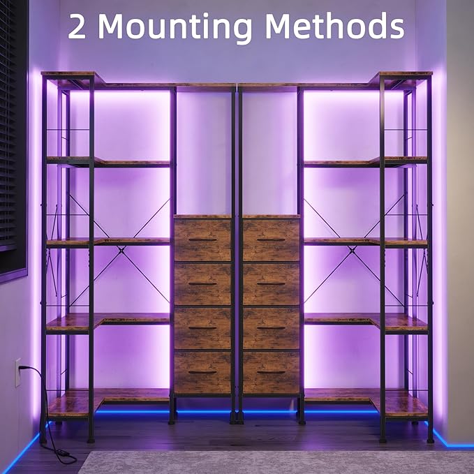 Corner Bookshelf with LED Light Strips & 4 Fabric Drawers, 5-Tier Convertible - Image 5