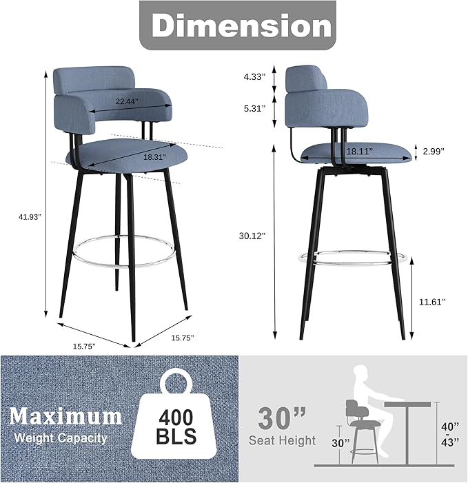 Swivel Bar Stools Set of 2, Counter Height Bar Stools - Image 2