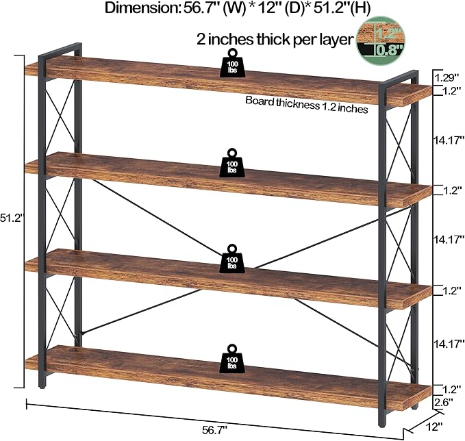 HCHQHS Large Bookshelf, 4-Tier Long Industrial Bookcase, Rustic Brown Book Shelf - Image 3