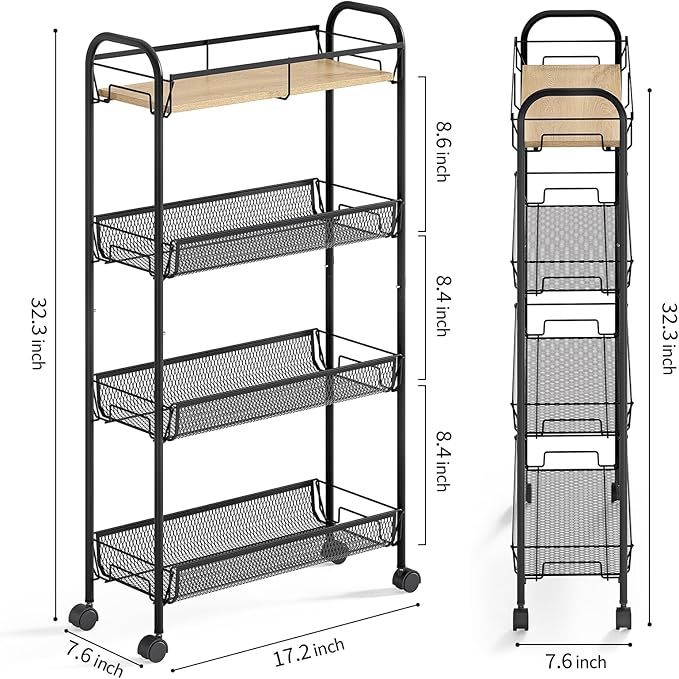 KINGRACK Metal Slim Rolling Cart, 4-Tier Metal Utility Cart, Storage Cart - Image 8
