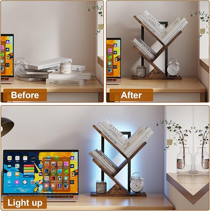 Tree Bookshelf with LED Lights, 3 Tier Floor Standing Bookcase, Classical - Image 4