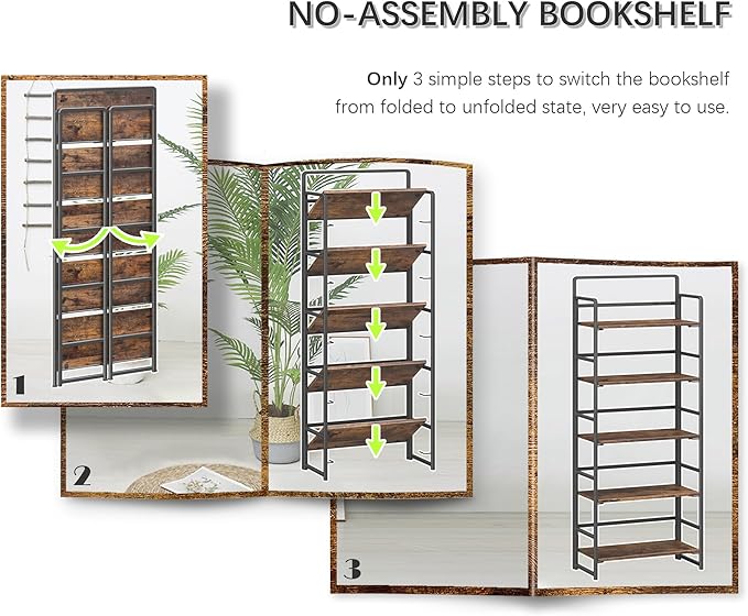 4NM No-Assembly 5 Tiers Folding Bookshelf Storage Shelves Vintage Bookcase - Image 6