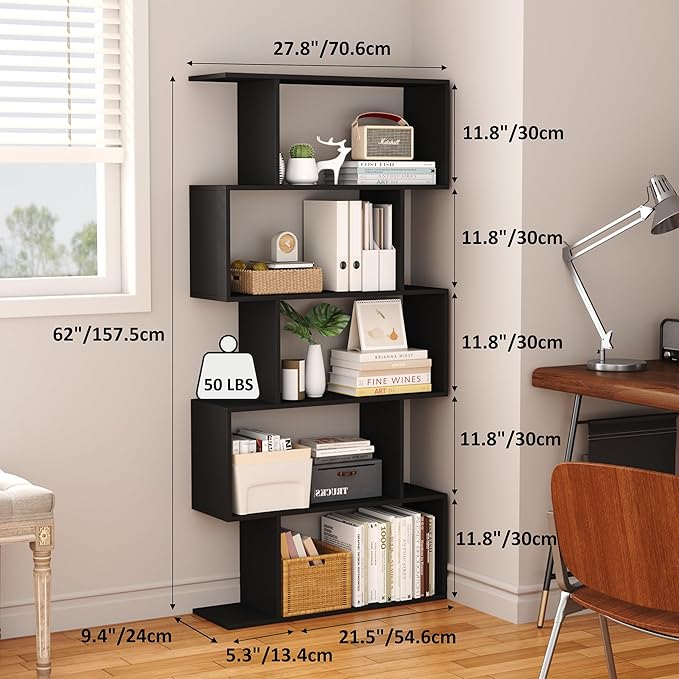 Yusong Bookshelf 5-Tier, Geometric Bookcase S Shaped Book Shelves - Image 3