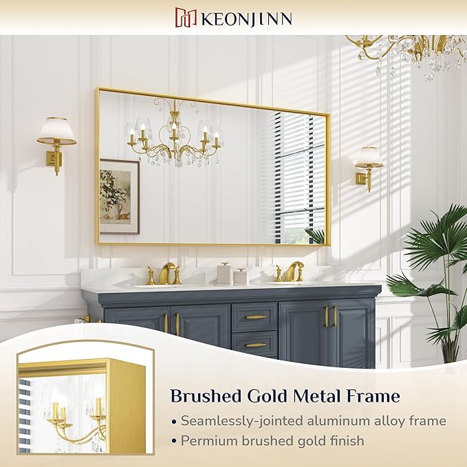 Keonjinn Gold 60 x 36 Inch Brushed Gold Metal Framed Rectangular Wall Mirror - Image 6