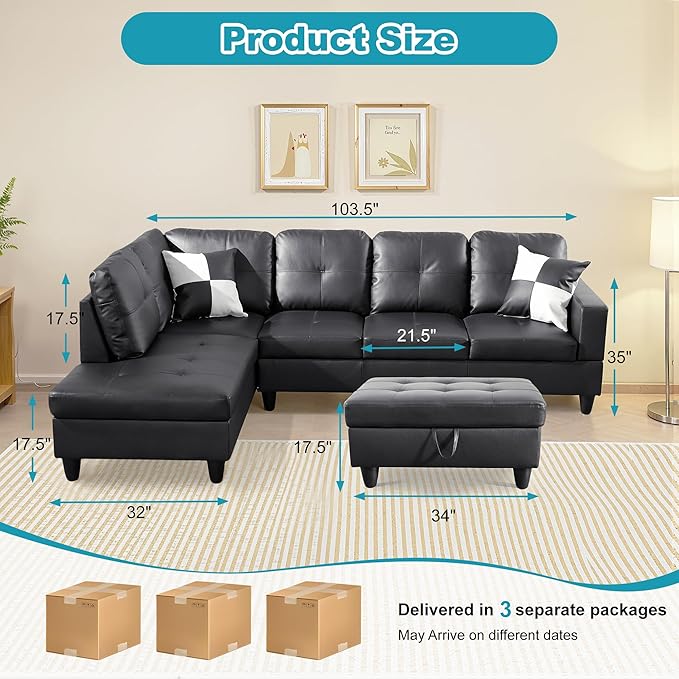 L Shaped Couch Faux Leather Sectional Couch Upholstered 3 Pieces Sofas - Image 2
