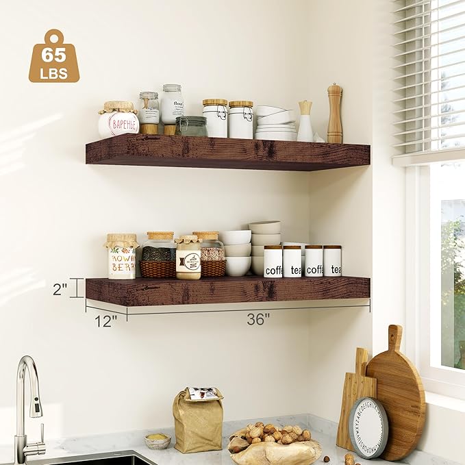 12" Deep Rustic Brown Floating Shelves, Over Toilet Long Wall Mounted Modern - Image 3
