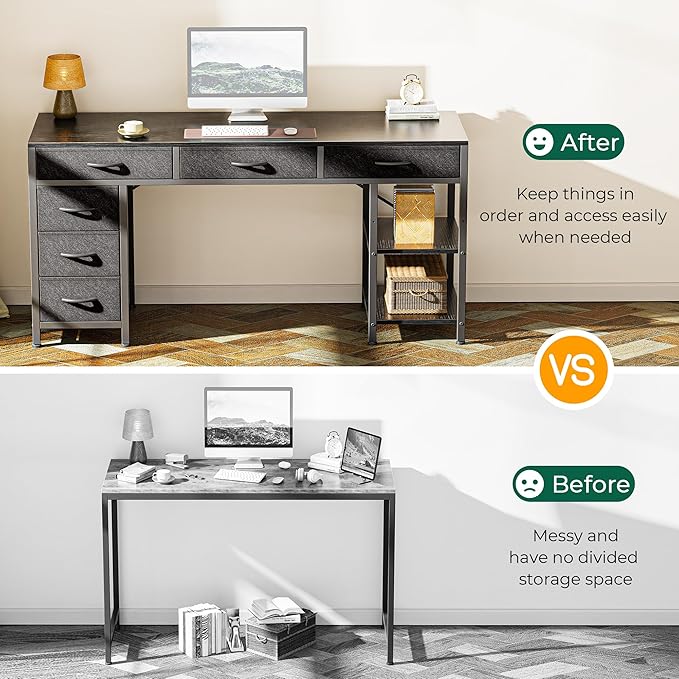 Huuger Computer Desk with 6 Drawers, 54 Inch Office Desk with Shelves, - Image 5