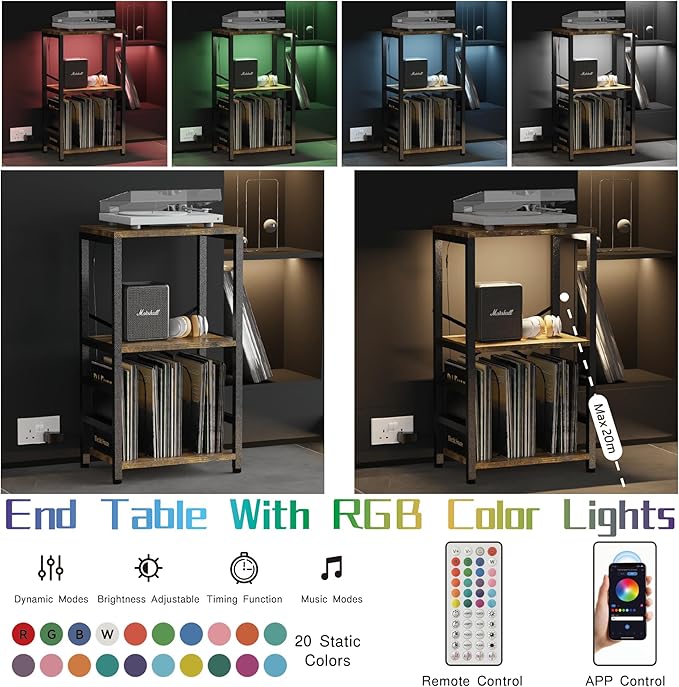 End Table with LED Light, Record Player Stand with Albums Storage, Vinyl - Image 4