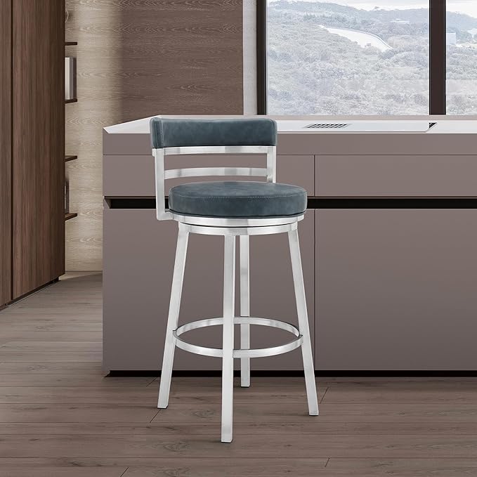 Armen Living Titana 26" Counter Height Swivel Blue Faux Leather and Brushed - Image 2