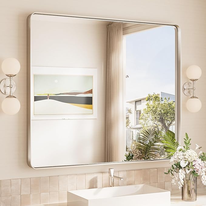 TokeShimi 40x30 Brushed Nickel Bathroom Wall Mirror Vanity Metal Frame Round by RefinedBathroomAccessories