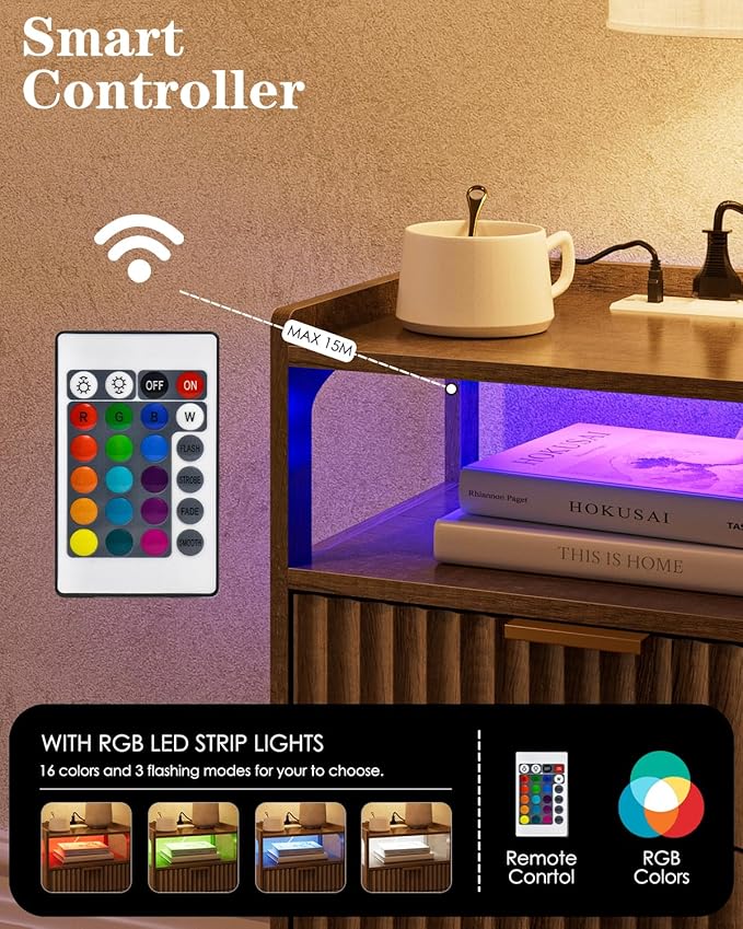 Nightstand with Charging Station and LED Lights, Modern Bedside Table with - Image 3